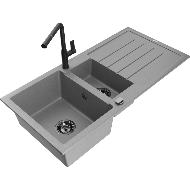 Mexen Andres fregadero de granito 1,5-secciones con escurridor y grifo de cocina Flora, gris - 6515-71-670401-70-B