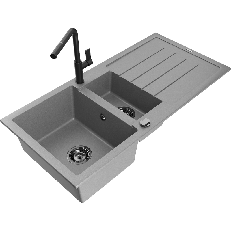 Mexen Andres Granitspüle 1,5-Becken mit Abtropffläche und Küchenarmatur Flora, grau - 6515-71-670401-70-B