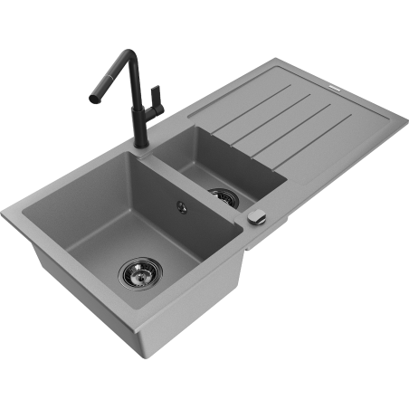 Mexen Andres Granitspüle 1,5-Becken mit Abtropffläche und Küchenarmatur Flora, grau - 6515-71-670401-70-B