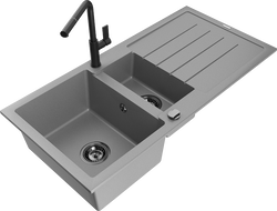 Mexen Andres granite kitchen sink 1.5-bowl with drainer and Flora kitchen tap, grey - 6515-71-670401-70-B