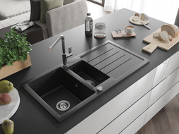 Mexen Andres 1.5-bowl granite sink with drainer and Flora kitchen tap, black/silver - 6515-73-670401-00