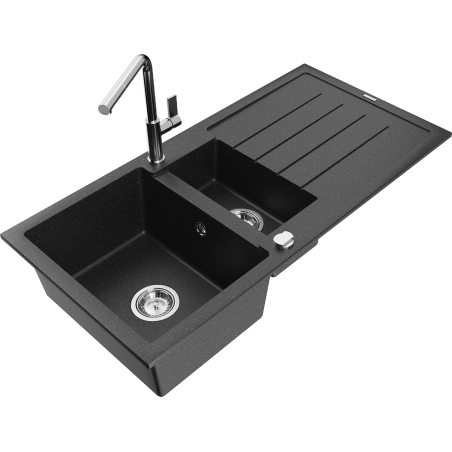 Mexen Andres évier en granit 1,5 cuves avec égouttoir et robinet de cuisine Flora, noir/argent - 6515-73-670401-00