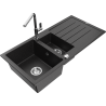 Mexen Andres fregadero de granito de 1.5 senos con escurridor y grifo de cocina Flora, negro/plata - 6515-73-670401-00