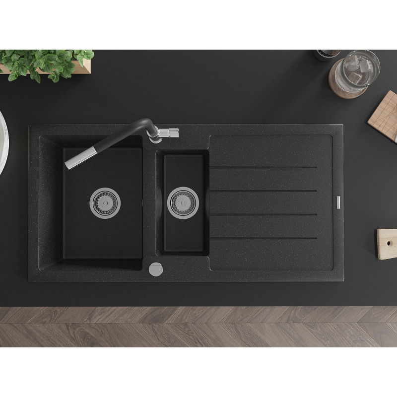 Mexen Andres fregadero de granito 1,5 tazones con escurridor y grifo de cocina Flora, negro/plata - 6515-73-670401-07