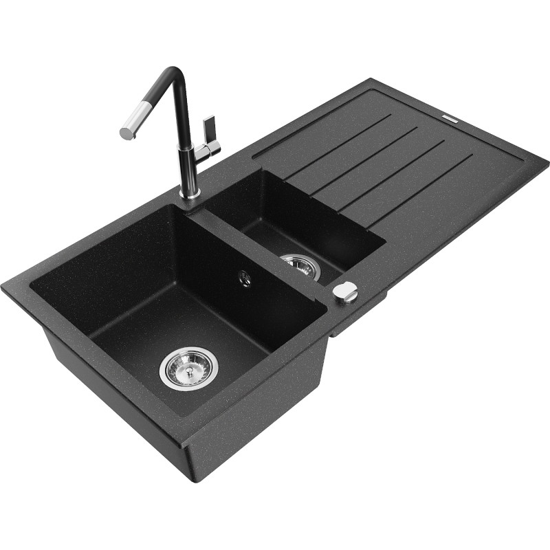Mexen Andres 1,5-Kammer-Granitzufall mit Abtropffläche und Küchenarmatur Flora, schwarz/silber - 6515-73-670401-07