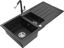 Mexen Andres granite sink 1.5-bowl with drainer and Flora kitchen tap, black/silver - 6515-73-670401-07