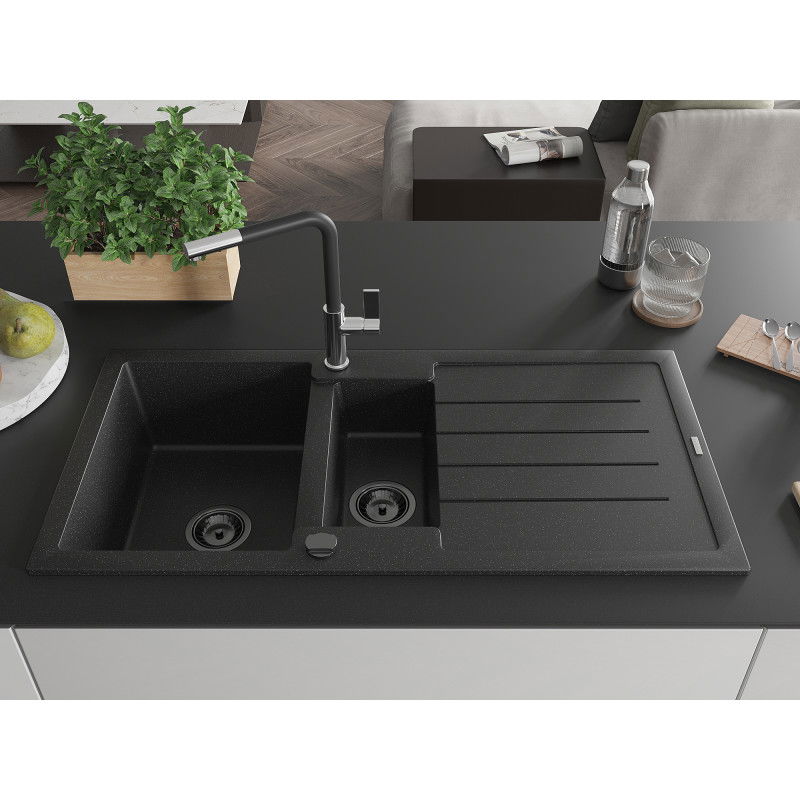 Mexen Andres granite sink 1.5-bowl with drainer and Flora kitchen tap, black/silver - 6515-73-670401-07-B
