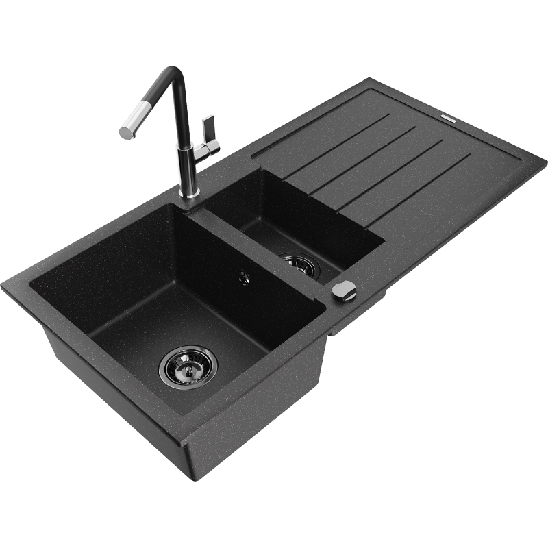 Mexen Andres granite sink 1.5-bowl with drainer and Flora kitchen tap, black/silver - 6515-73-670401-07-B