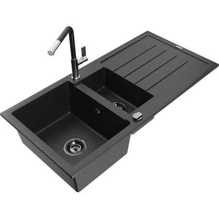 Mexen Andres Granitspüle 1,5-becken mit Abtropffläche und Küchenarmatur Flora, schwarz/silber - 6515-73-670401-07-B