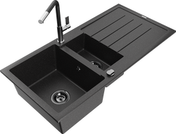 Mexen Andres Granitspüle 1,5-becken mit Abtropffläche und Küchenarmatur Flora, schwarz/silber - 6515-73-670401-07-B