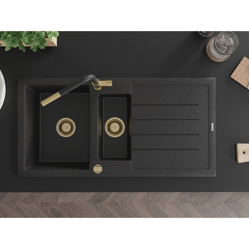 Mexen Andres Granite Sink 1.5-Bowl with Drainer and Flora Kitchen Tap, Black/Silver - 6515-73-670401-57-G