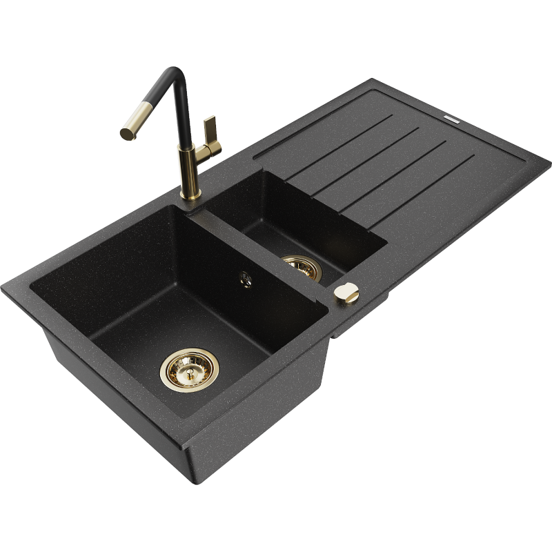 Mexen Andres Granite Sink 1.5-Bowl with Drainer and Flora Kitchen Tap, Black/Silver - 6515-73-670401-57-G