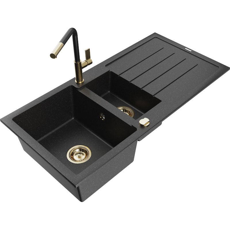 Mexen Andres granitische spoelbak 1,5-komorige met afdruiprek en keukenkraan Flora, zwart/zilver - 6515-73-670401-57-G