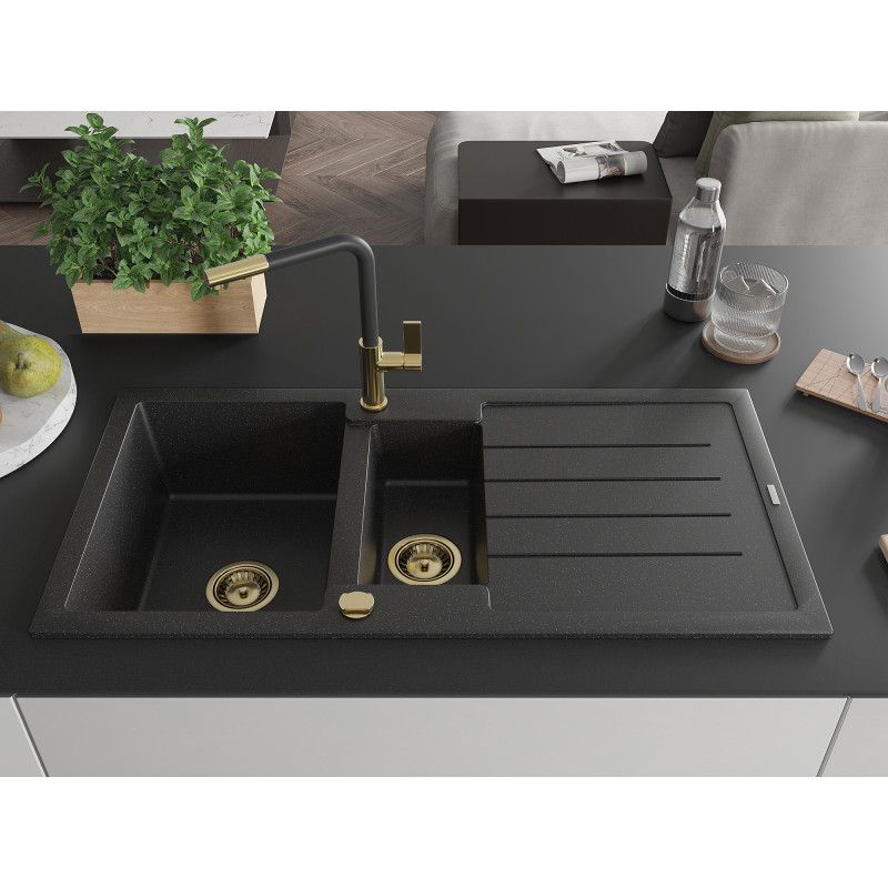 Mexen Andres zlewozmywak granitowy 1,5-komorowy z ociekaczem i baterią kuchenną Flora, czarny/srebrny - 6515-73-670401-57-G