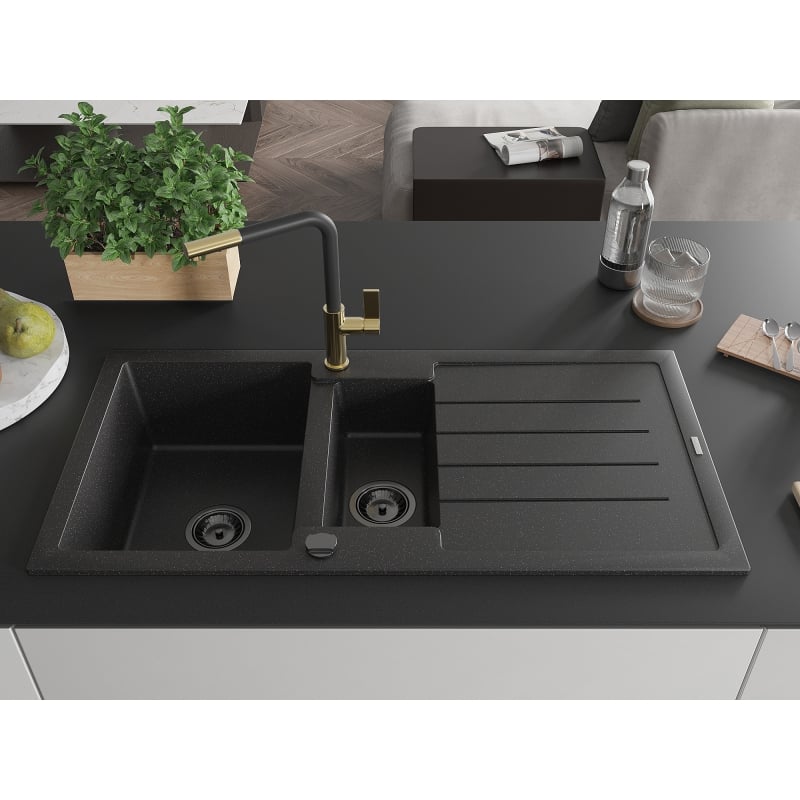 Mexen Andres 1,5-schüssiges Granitspülbecken mit Abtropffläche und Küchenarmatur Flora, schwarz/silber - 6515-73-670401-57-B