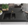Mexen Andres 1,5-schüssiges Granitspülbecken mit Abtropffläche und Küchenarmatur Flora, schwarz/silber - 6515-73-670401-57-B