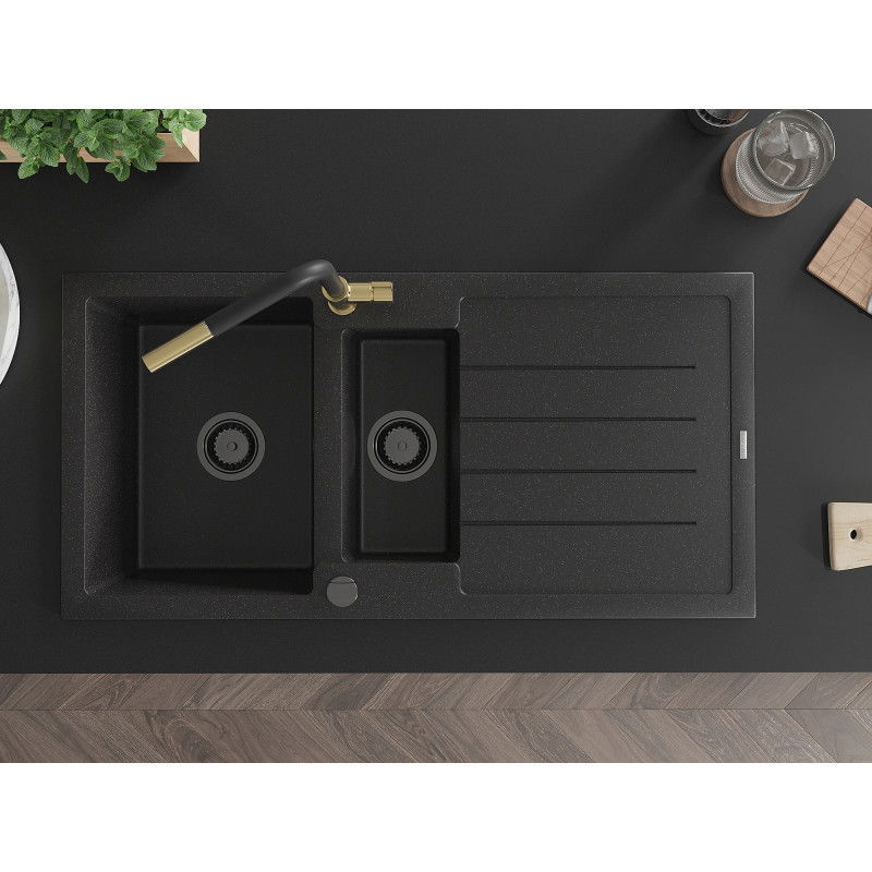Mexen Andres Granitspüle 1,5-beckig mit Abtropffläche und Küchenarmatur Flora, schwarz/silber - 6515-73-670401-57-B