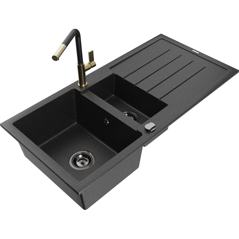 Mexen Andres fregadero de granito 1,5 cámaras con escurridor y grifo de cocina Flora, negro/plata - 6515-73-670401-57-B