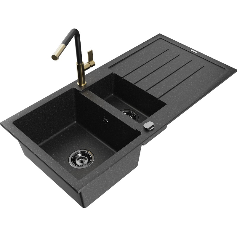 Mexen Andres fregadero de granito de 1.5 senos con escurridor y grifo de cocina Flora, negro/plata - 6515-73-670401-57-B