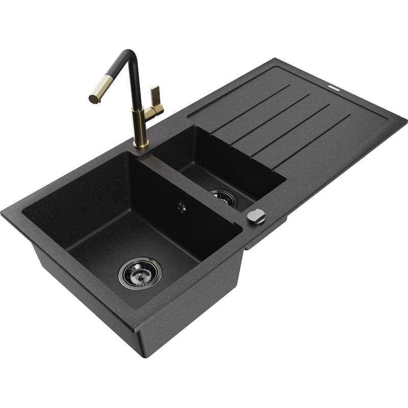Mexen Andres granieten spoelbak 1,5-komor met afdruiprek en keukenkraan Flora, zwart/zilver - 6515-73-670401-57-B