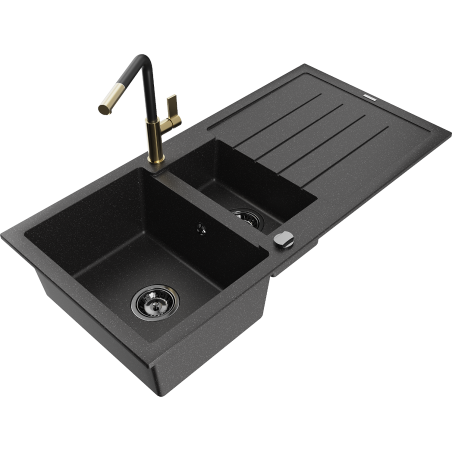 Mexen Andres granieten spoelbak 1,5-komor met afdruiprek en keukenkraan Flora, zwart/zilver - 6515-73-670401-57-B