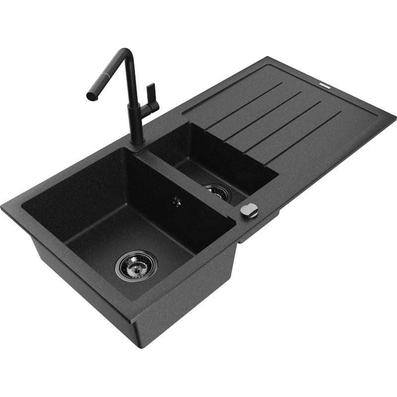 Mexen Andres 1.5-bowl granite sink with drainer and Flora kitchen tap, black/silver - 6515-73-670401-70-B