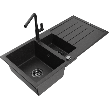 Mexen Andres Granitspüle 1,5-Kammer mit Abtropffläche und Küchenarmatur Flora, schwarz/silber - 6515-73-670401-70-B
