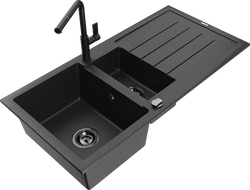 Mexen Andres granieten spoelbak 1,5-kamer met afdruiprek en keukenkraan Flora, zwart/zilver - 6515-73-670401-70-B