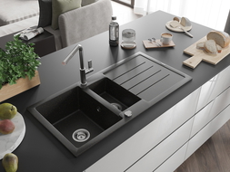 Mexen Andres Granitspüle 1,5 Becken mit Abtropffläche und Küchenarmatur Flora, schwarz/gold metallic - 6515-75-670401-00