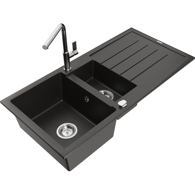 Mexen Andres granieten spoelbak 1,5-komers met afdruipplaat en keukenmengkraan Flora, zwart/goud metallic - 6515-75-670401-00