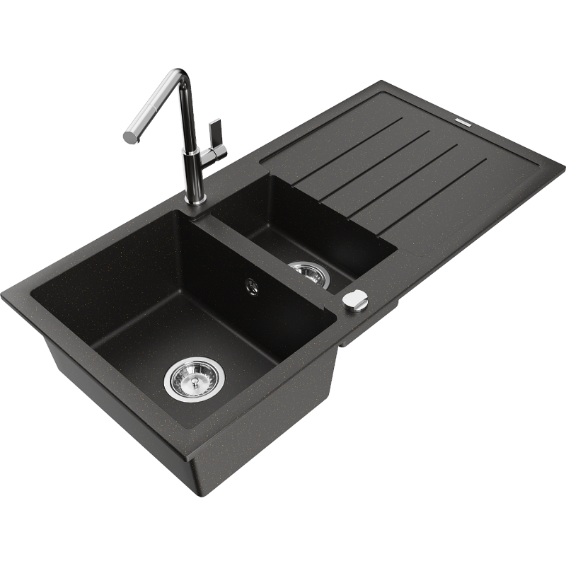 Mexen Andres Granitspüle 1,5 Becken mit Abtropffläche und Küchenarmatur Flora, schwarz/gold metallic - 6515-75-670401-00