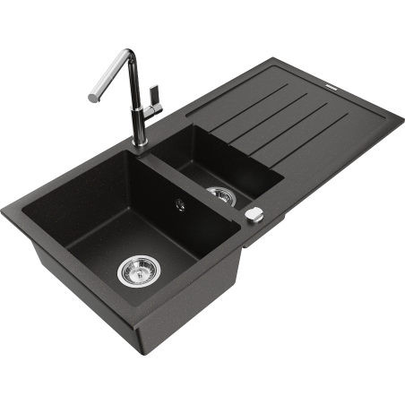 Mexen Andres 1,5-kom inbouw granieten gootsteen met afdruiprek en Flora-keukenkraan, zwart/goud metallic - 6515-75-670401-00