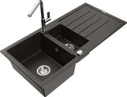 Mexen Andres 1.5-bowl granite sink with drainer and Flora kitchen tap, black/gold metallic - 6515-75-670401-00