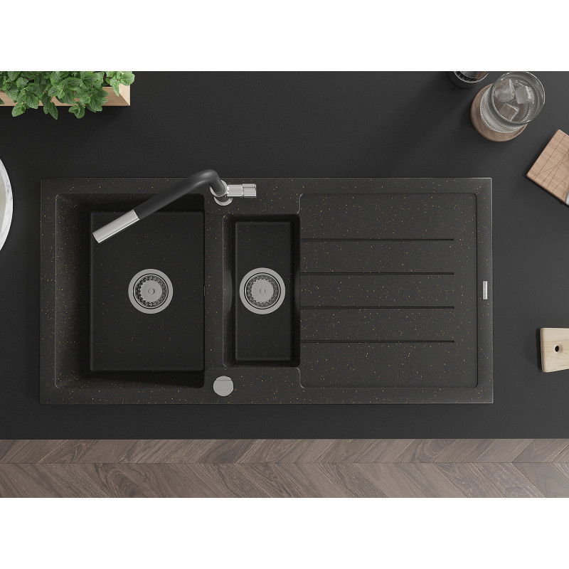 Mexen Andres 1.5-bowl granite sink with drainer and Flora kitchen tap, black/gold metallic - 6515-75-670401-07