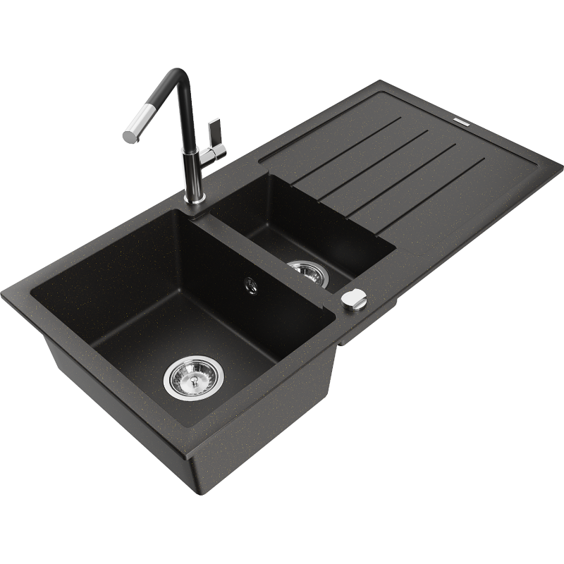 Mexen Andres 1.5-bowl granite sink with drainer and Flora kitchen tap, black/gold metallic - 6515-75-670401-07