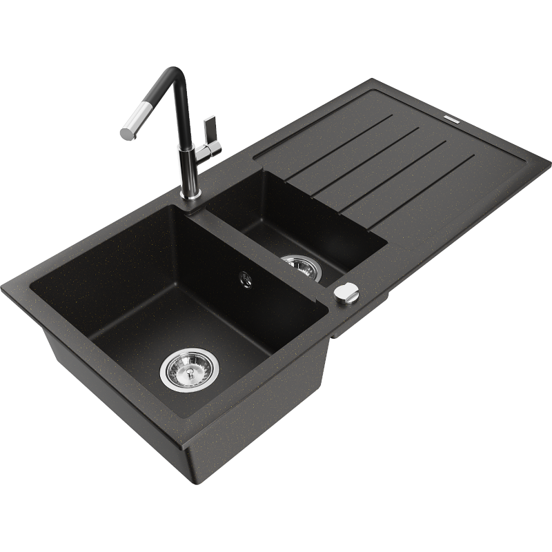 Mexen Andres évier en granit 1,5-bac avec égouttoir et robinet de cuisine Flora, noir/doré métallique - 6515-75-670401-07