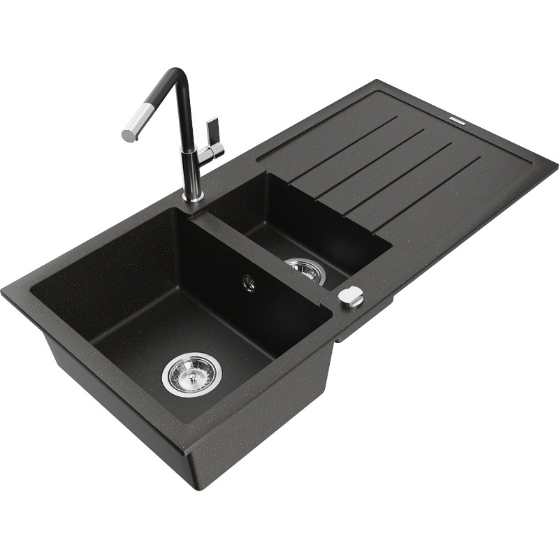 Mexen Andres Granitspüle 1,5-becken mit Abtropffläche und Küchenarmatur Flora, schwarz/gold-metallik - 6515-75-670401-07
