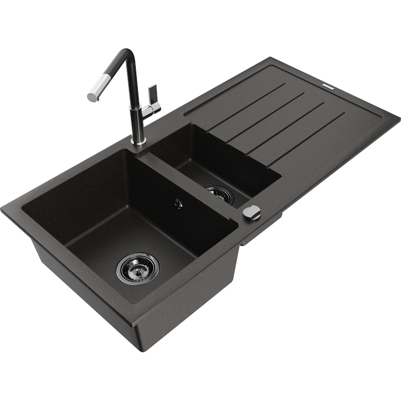 Mexen Andres lava-loiça de granito de 1,5 cubas com escorredor e torneira de cozinha Flora, preto/dourado - 6515-75-670401-07-B