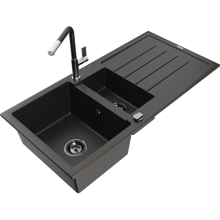 Mexen Andres granite sink 1.5-bowl with drainer and Flora kitchen tap, black/gold - 6515-75-670401-07-B