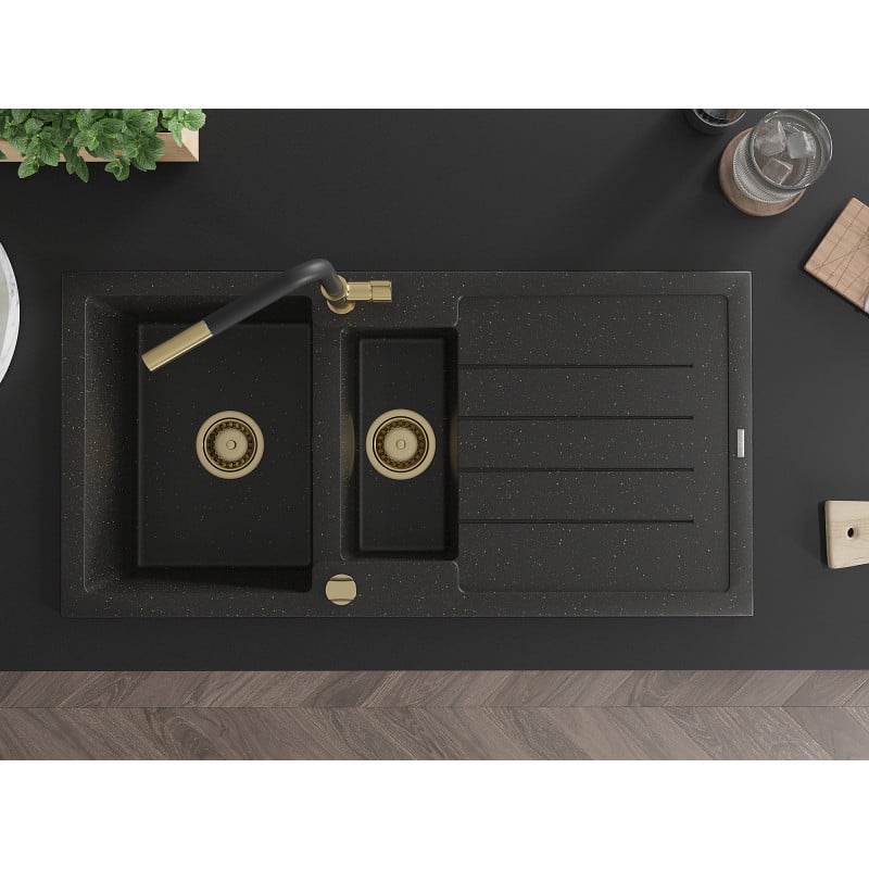 Mexen Andres Granitspüle 1,5-Becken mit Abtropffläche und Küchenarmatur Flora, schwarz/gold - 6515-75-670401-57-G