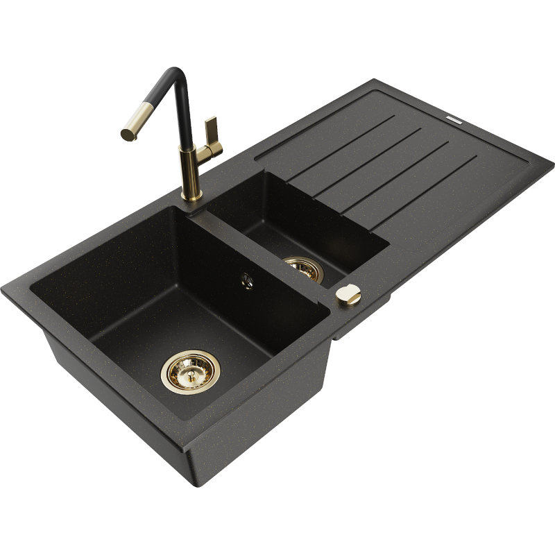 Mexen Andres fregadero de granito 1,5 cámaras con escurridor y grifo de cocina Flora, negro/dorado - 6515-75-670401-57-G