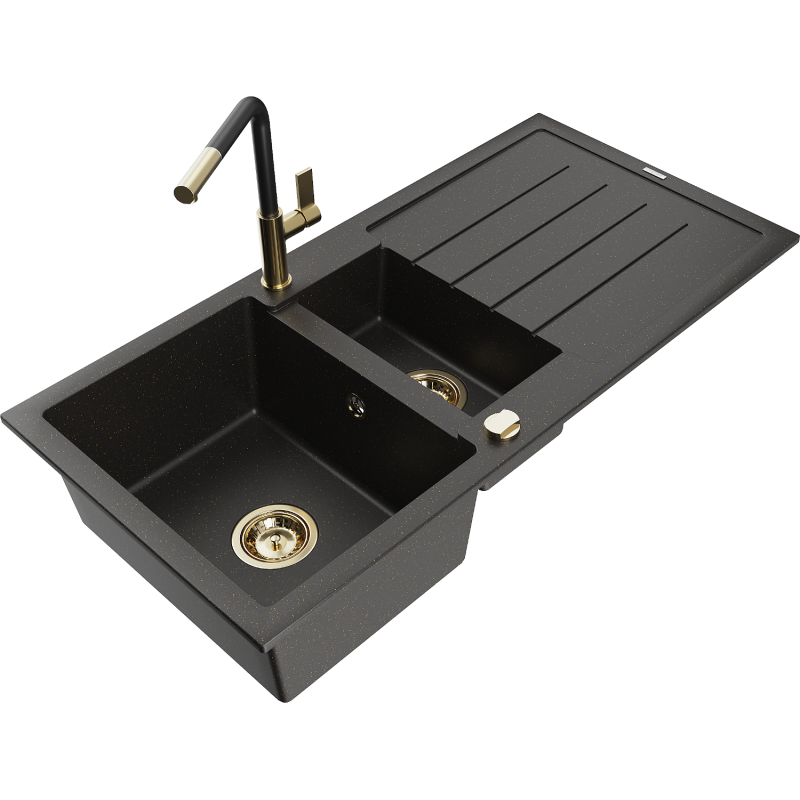 Mexen Andres Granitspüle 1,5-Becken mit Abtropffläche und Küchenarmatur Flora, schwarz/gold - 6515-75-670401-57-G