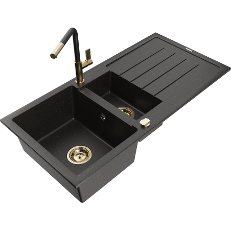 Mexen Andres évier en granit 1,5 bac avec égouttoir et robinet de cuisine Flora, noir/or - 6515-75-670401-57-G