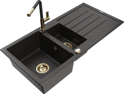 Mexen Andres granite sink 1.5-bowl with drainer and Flora kitchen faucet, black/gold - 6515-75-670401-57-G
