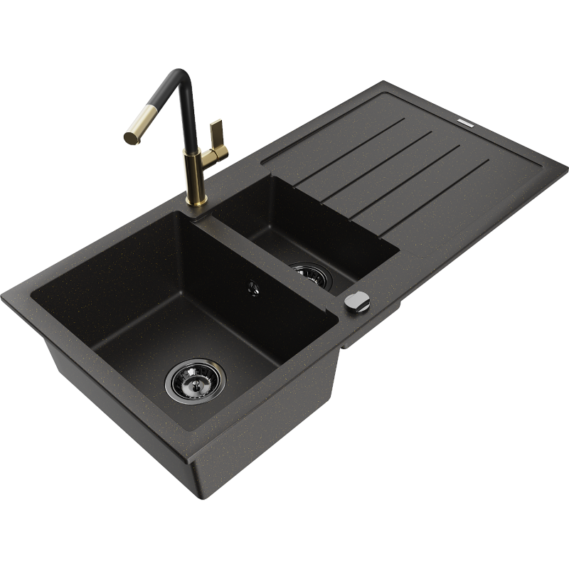 Mexen Andres fregadero de granito de 1,5 senos con escurridor y grifo de cocina Flora, negro/dorado - 6515-75-670401-57-B