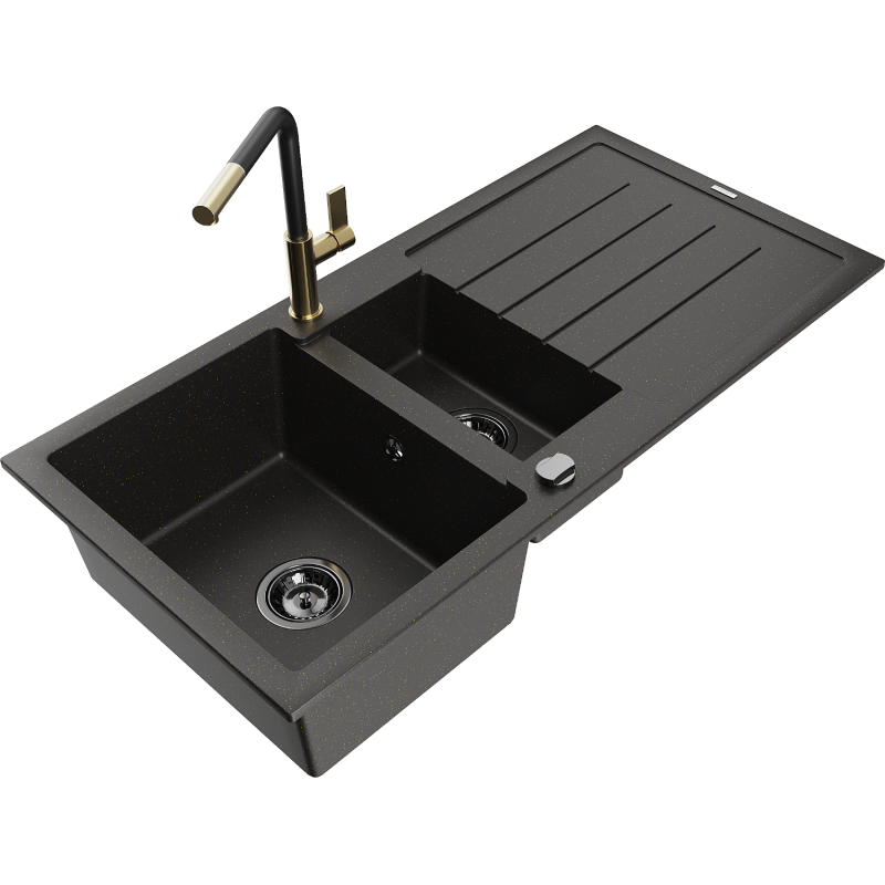 Mexen Andres lava-louça em granito de 1,5 cubas com escorredor e torneira de cozinha Flora, preto/dourado - 6515-75-670401-57-B