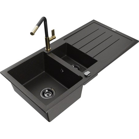 Mexen Andres granite sink 1.5-bowl with drainer and Flora kitchen tap, black/gold - 6515-75-670401-57-B