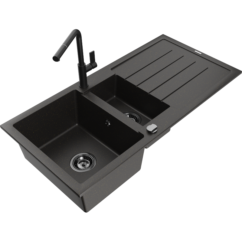 Mexen Andres 1.5-bowl granite sink with drainer and Flora kitchen tap, black/gold - 6515-75-670401-70-B