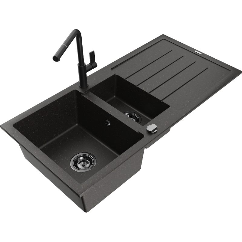 Mexen Andres granitdiskho 1,5-fack med avrinning och köksblandare Flora, svart/guld - 6515-75-670401-70-B