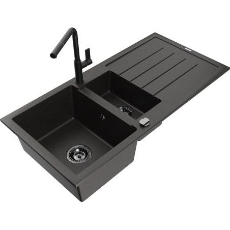 Mexen Andres 1.5-bowl granite sink with drainer and Flora kitchen tap, black/gold - 6515-75-670401-70-B